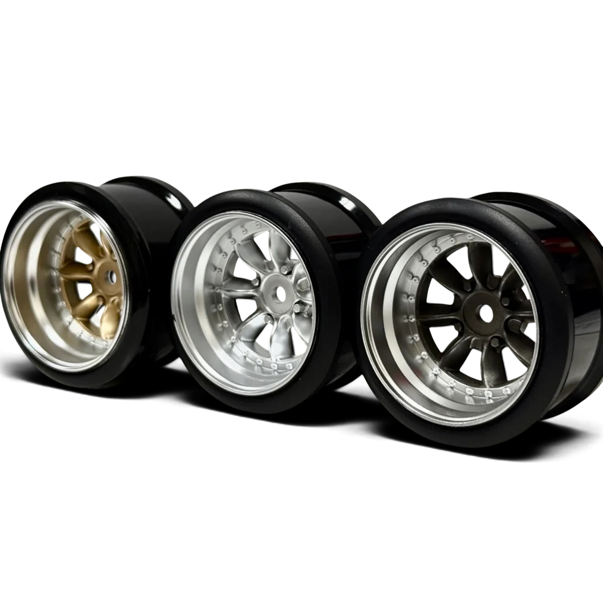 Jantes RIMS PANA 8 branches en or pour modèle 1/10, avec décalage de 6 mm, marque Hayashi Garage, vue de face.