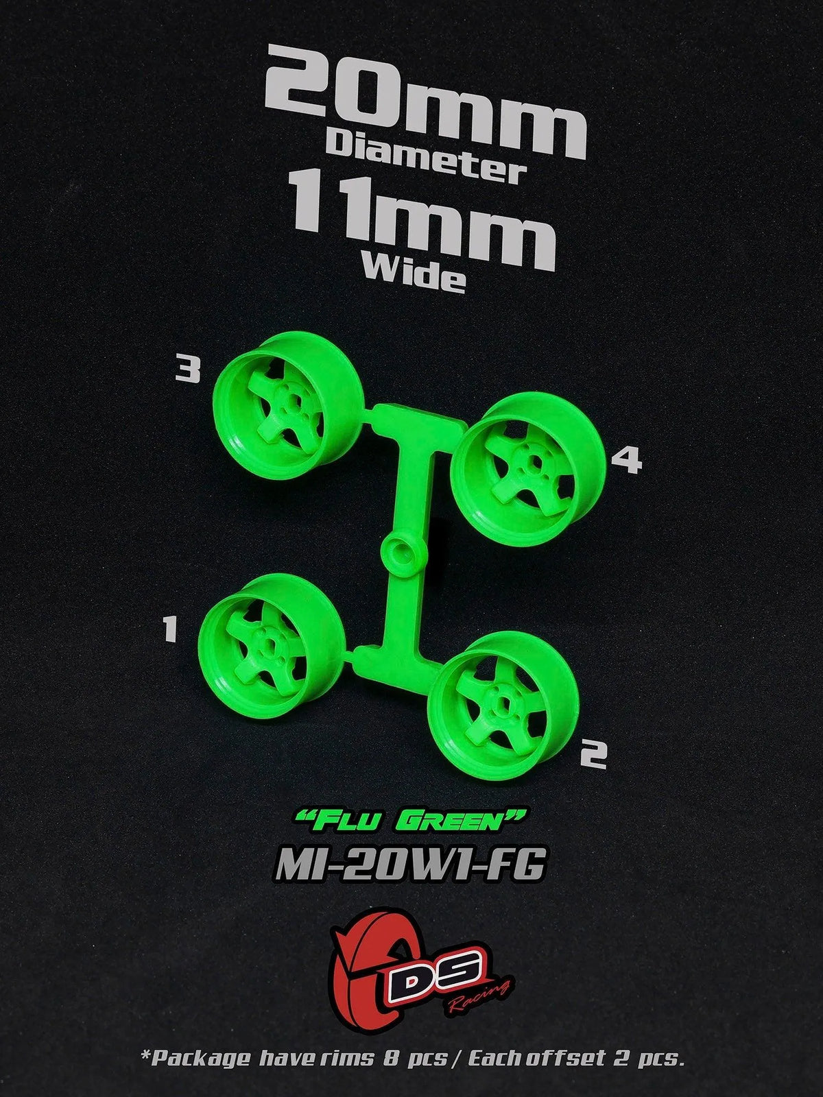 Jantes vertes DS Racing Mini Z W de 20mm et 11mm pour voitures radiocommandées, en métal léger et durable.