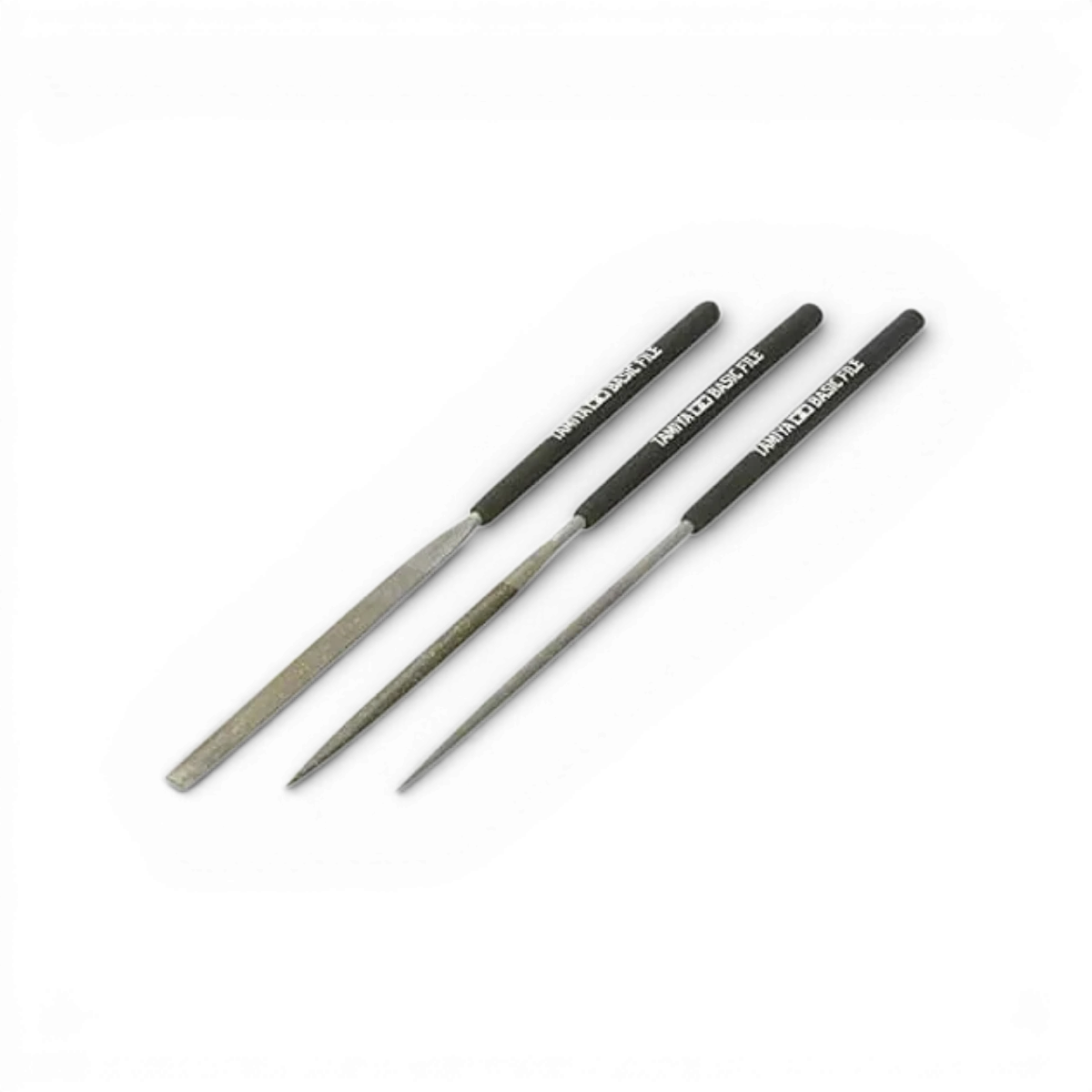 Lames fines Tamiya, accessoires pour modelisme, montrant plusieurs petites limes de différentes formes et tailles.