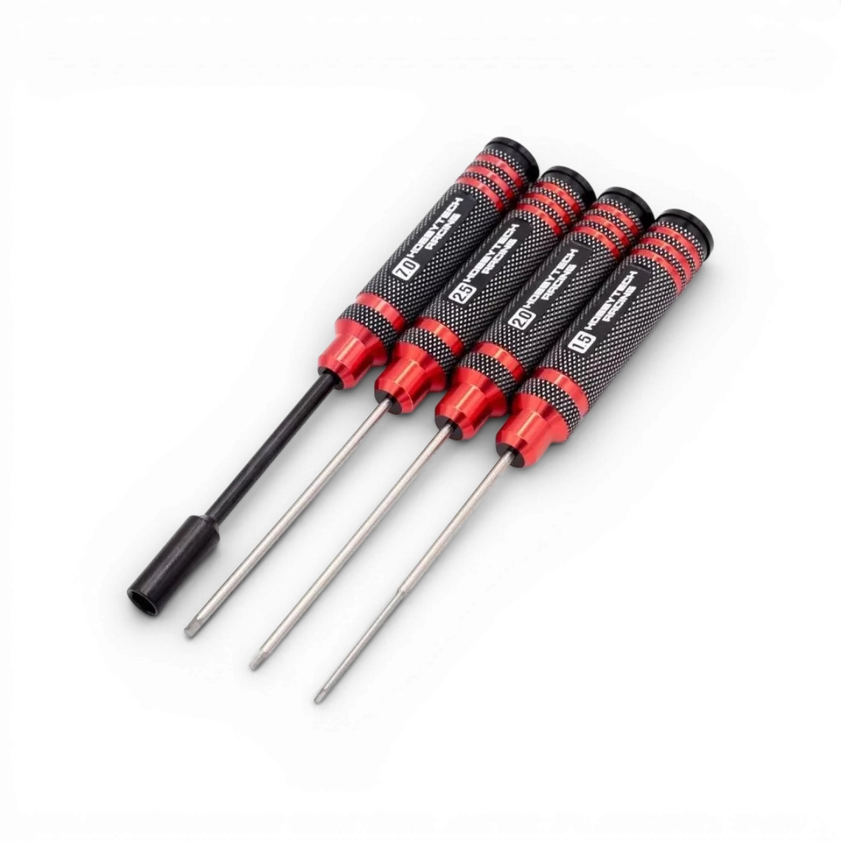 Kit de 4 tournevis rouges et noirs HOBBYTECH avec douille 7 mm, tailles 1,5, 2, 2,5 mm, accessoires pour bricolage.