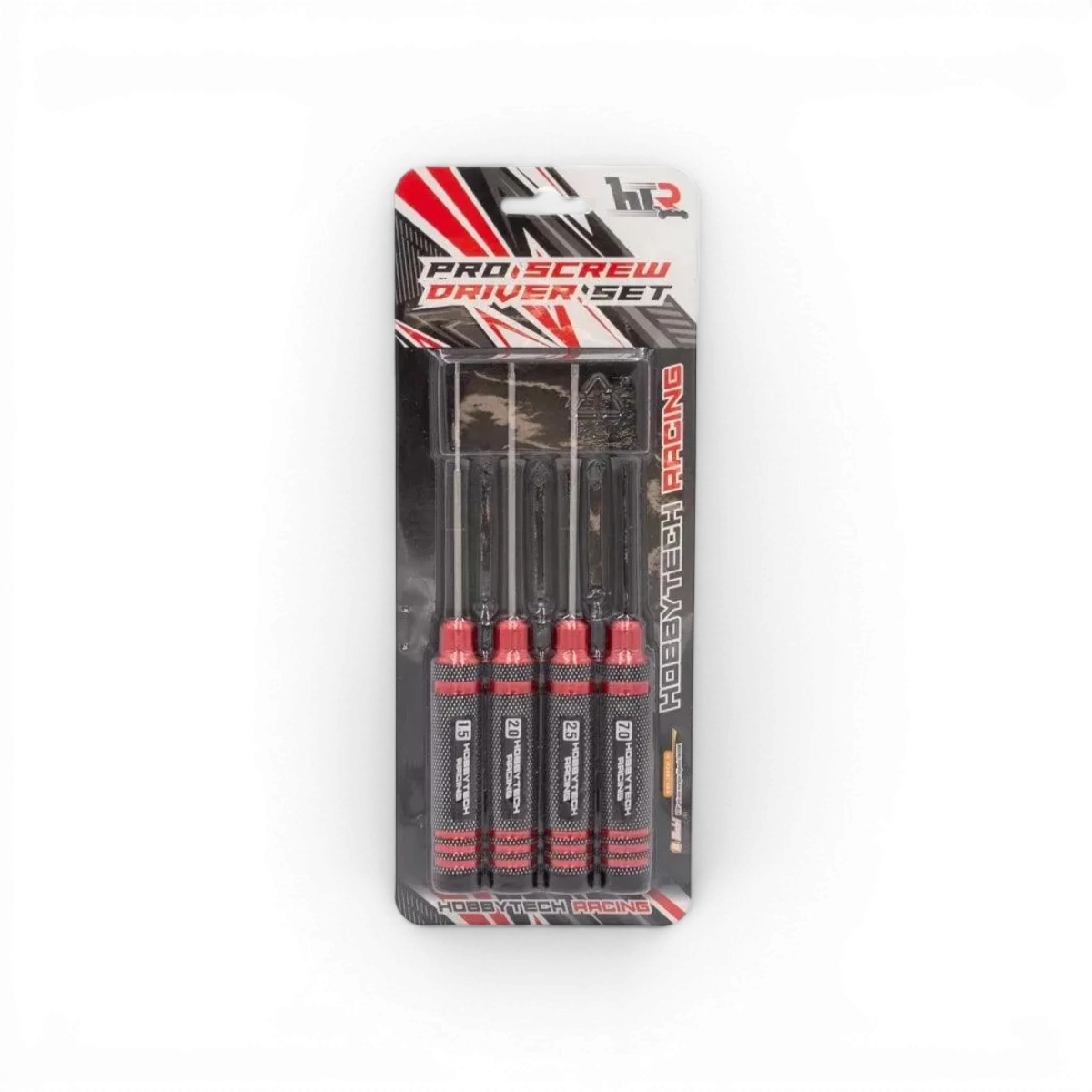 Kit de 4 tournevis HOBBYTECH rouge et noir avec douille 7mm, adaptés pour l’électronique et l’électroménager.