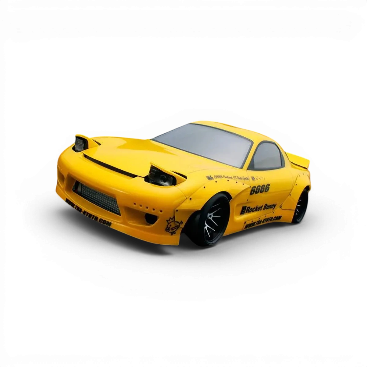 Kit carrosserie Rocket Bunny complet pour Mazda RX7 FD3S, par Addiction RC Design, visible en détail sur la voiture.