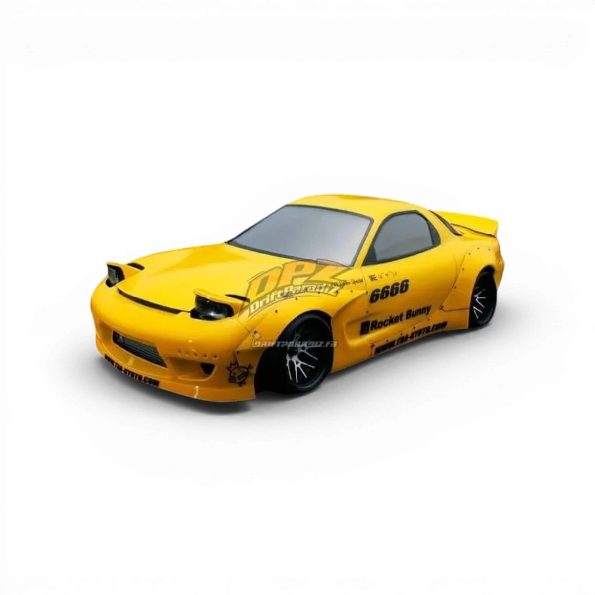 Kit carrosserie Rocket Bunny complet en fibre pour Mazda RX7 FD3S, conçu par Addiction RC Design, visible en détail sur cette image.