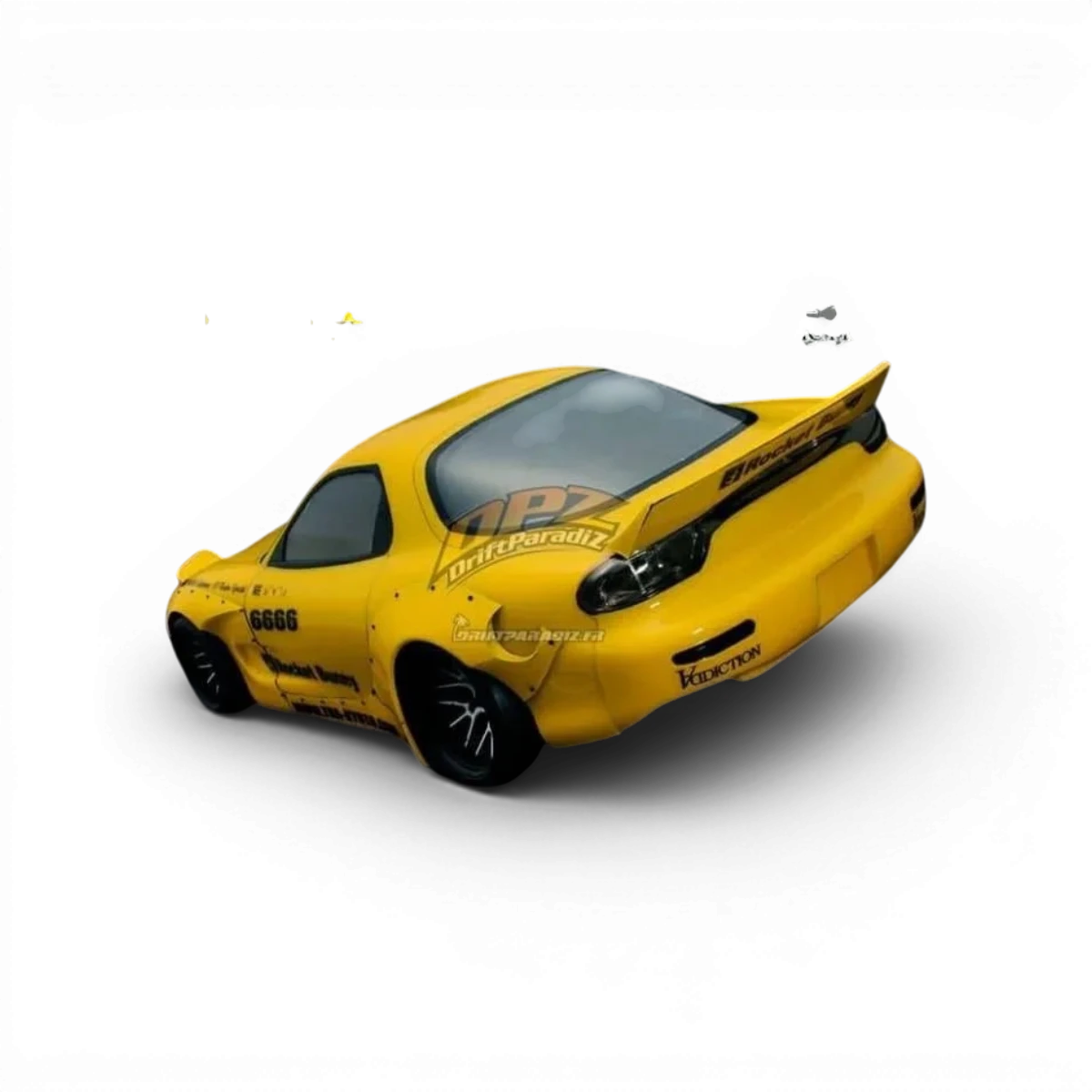 Kit carrosserie Rocket Bunny complet pour Mazda RX7 FD3S de la marque Addiction RC Design, comprenant ailes et pare-chocs.