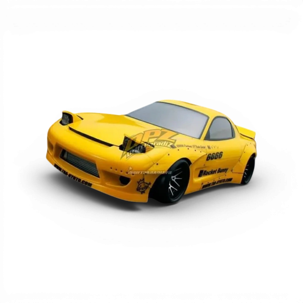 Kit carrosserie Rocket Bunny complet pour Mazda RX7 FD3S, par Addiction RC Design, visible avec aileron et pare-chocs aérodynamiques