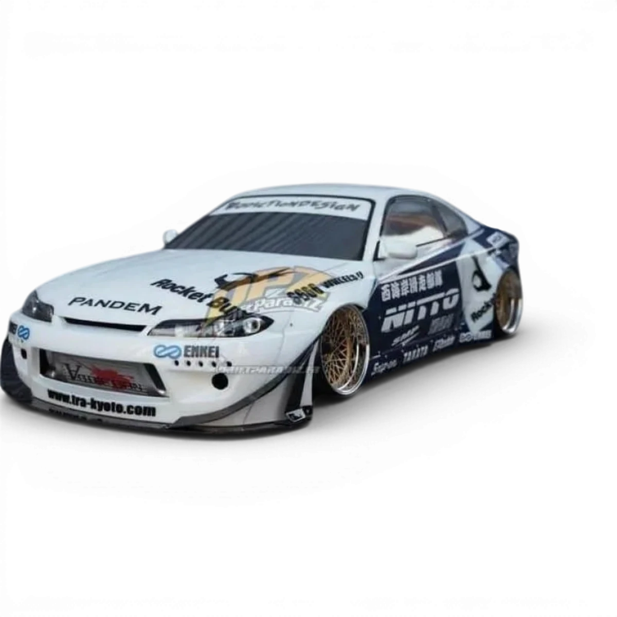 Kit de carrosserie Rocket Bunny complet pour Nissan S15, conçu par Addiction RC Design, avec détails visibles du kit de carrosserie.
