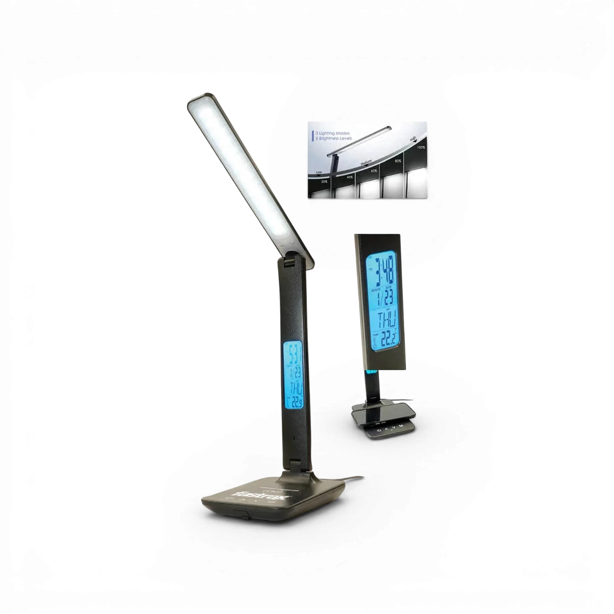 Lampe de stand LED multifonction FastRax avec chargeur induction, compatible EU 2-pin, accessoire pratique pour équipements électroniques.
