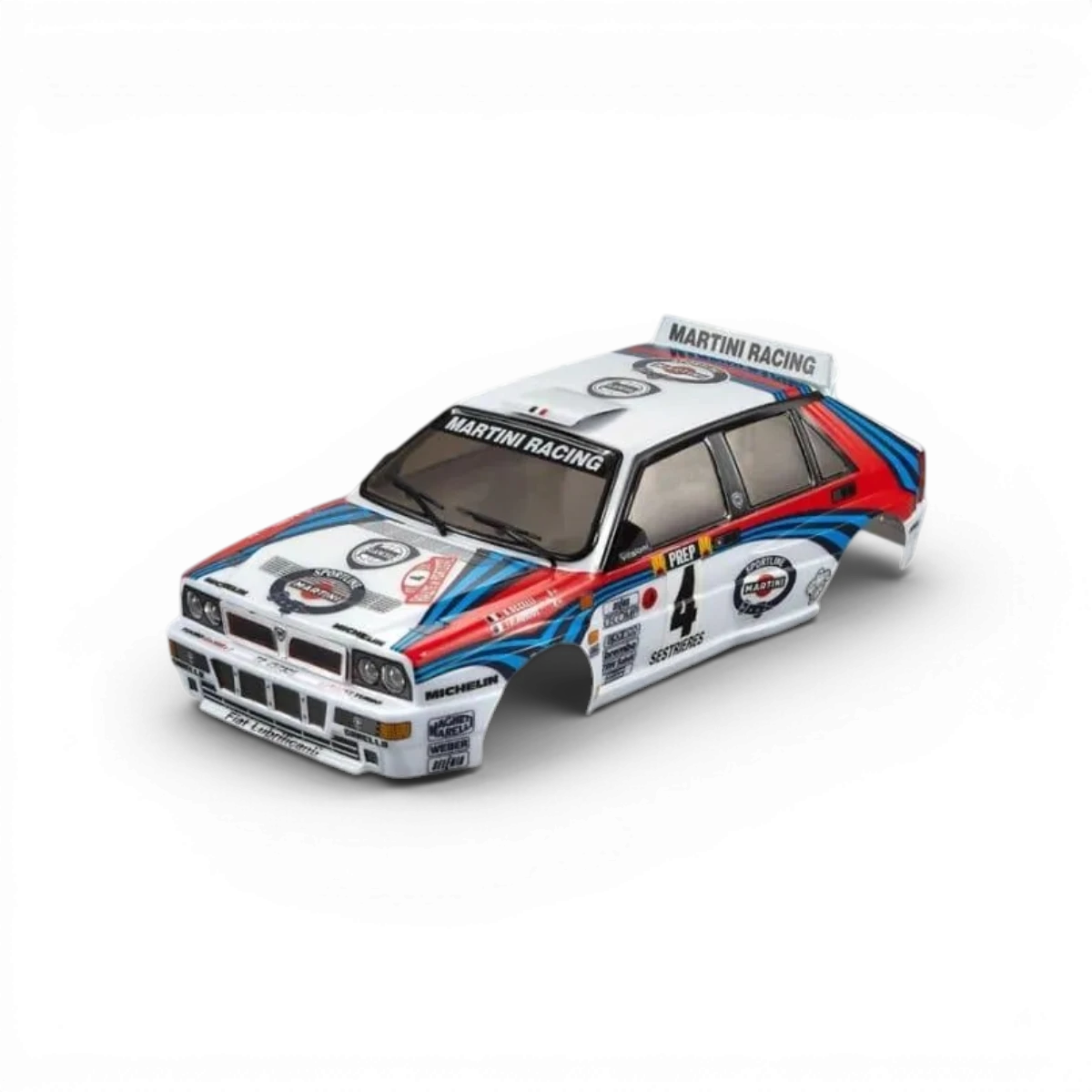 Voiture Lancia Delta HF Integrale en maquette Killer Body, modèle détaillé avec carrosserie rouge et roues en plastique.