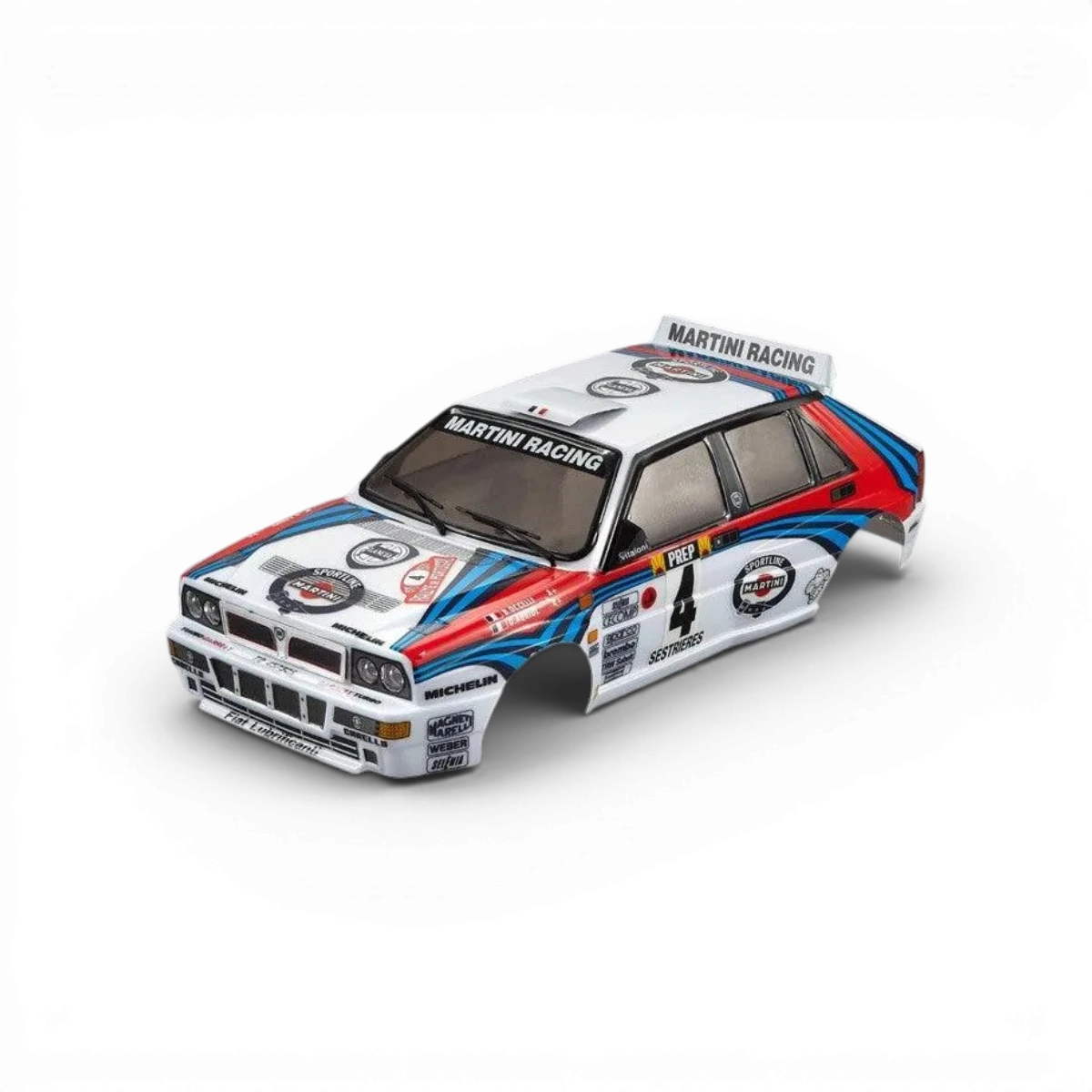 Voiture Lancia Delta HF Integrale peinte, modèle réduit Killer Body, avec détails réalistes et finition soignée.