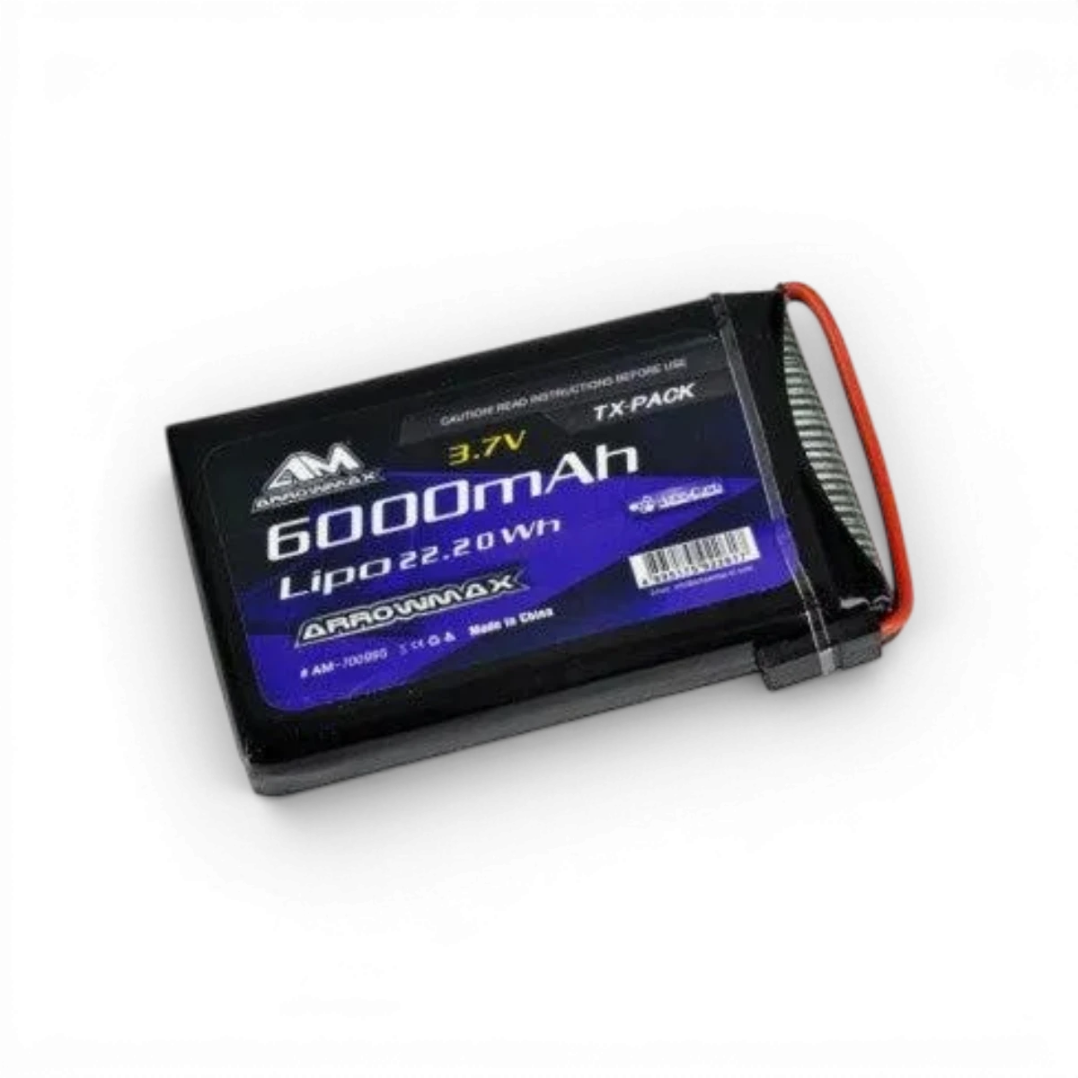 Batterie Lipo pour radio M17 6000mAh Sanwa, électronique Arrowmax RC, vue de face avec connecteurs.