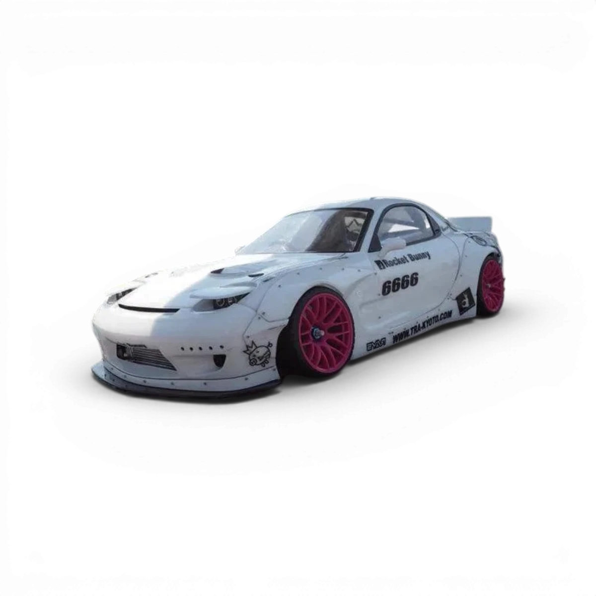 Carrosserie Mazda RX-7 FD3S Rocket Bunny par Addiction RC Design, vue de face avec aileron arrière et détails de la carrosserie.