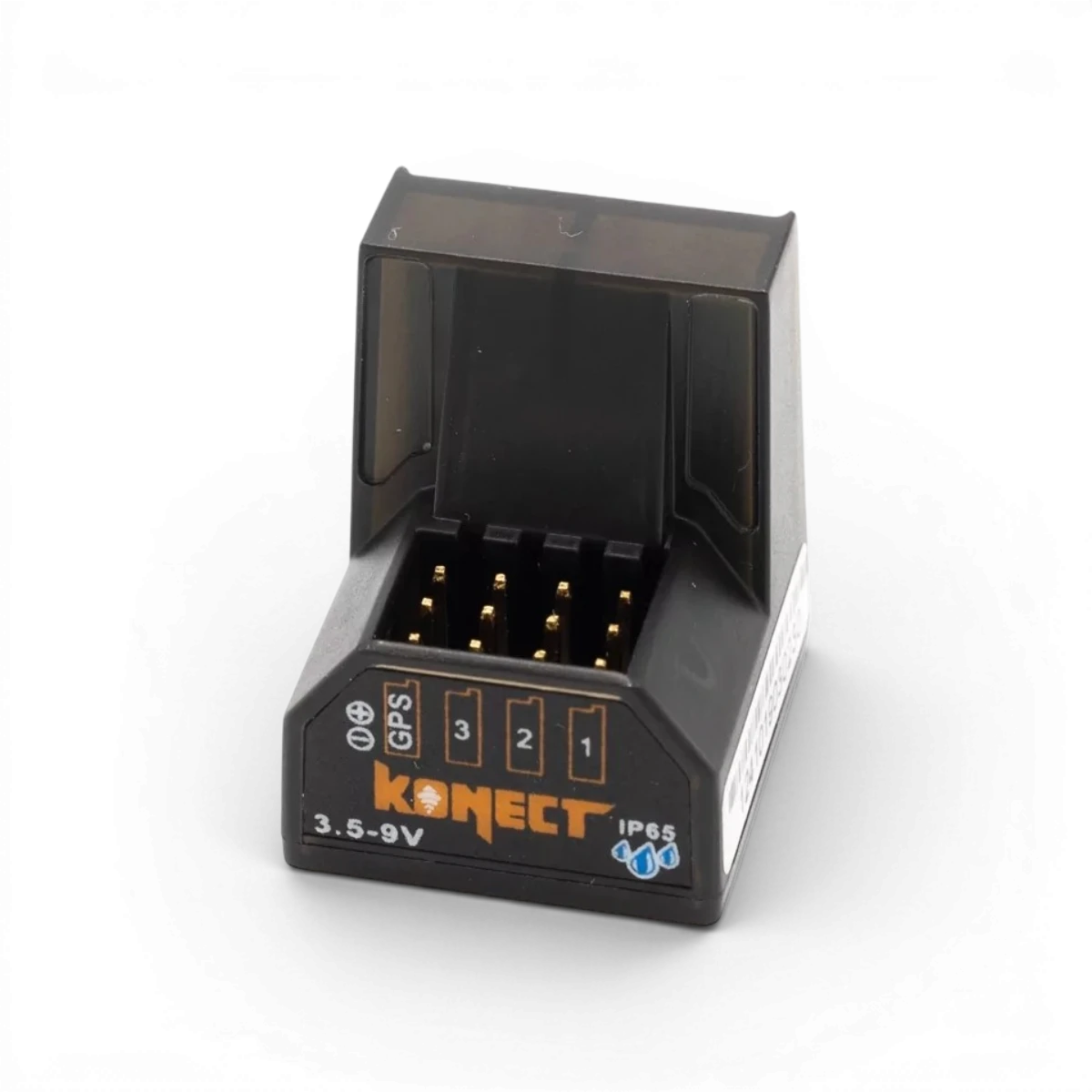 Mini récepteur électronique étanche 4 voies Konect, compact avec connecteurs pour drone ou modèle réduit, en plastique noir.