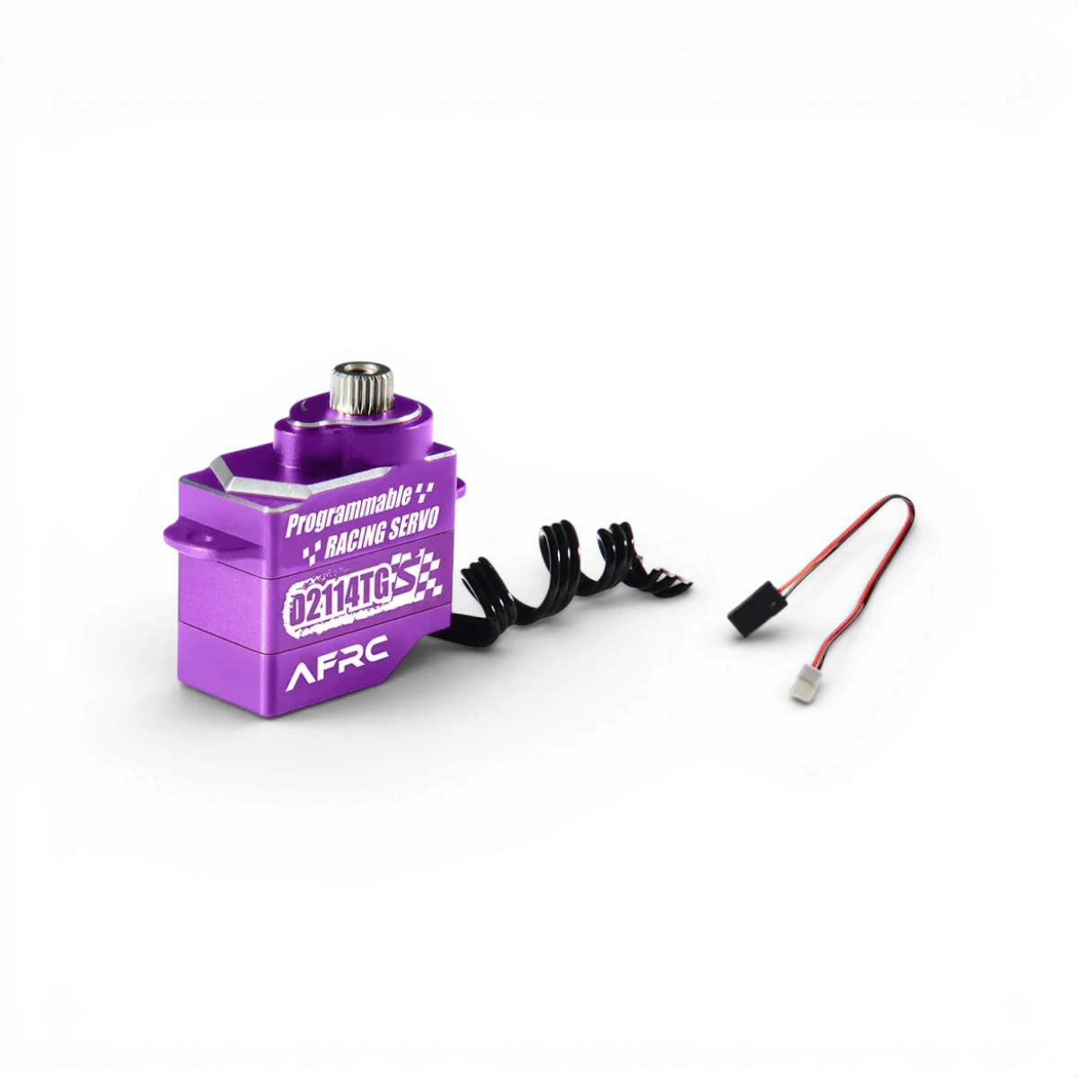 Mini servo AFRC D2114TG-S 25T électronique en violet, vue de face montrant le moteur compact et ses composants.