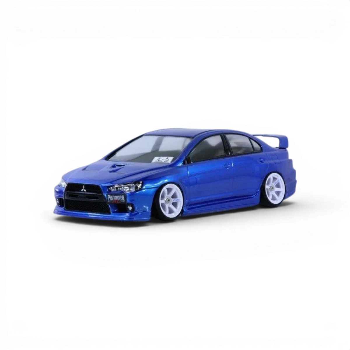 Carrosserie Mitsubishi Lancer Evo X Pandora RC, modèle réduit pour voitures télécommandées, vue de face avec détails de la carrosserie.