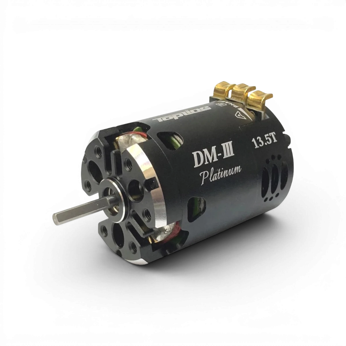 Moteur brushless Topline DM-III Platinum 13.5T Type TR, moteur électrique pour modélisme RC, vue de face.