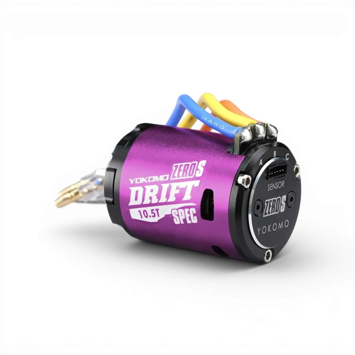 Moteur brushless sensored ZERO-S Drift 10.5T de Team Yokomo, vue en gros plan, destiné aux voitures de drift électroniques.