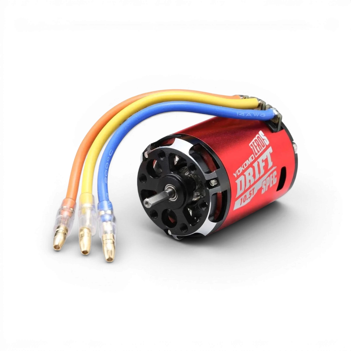 Moteur brushless sensored ZERO-S Drift 10.5T de Team Yokomo, vue de face, avec refroidisseur intégrée et câblage.