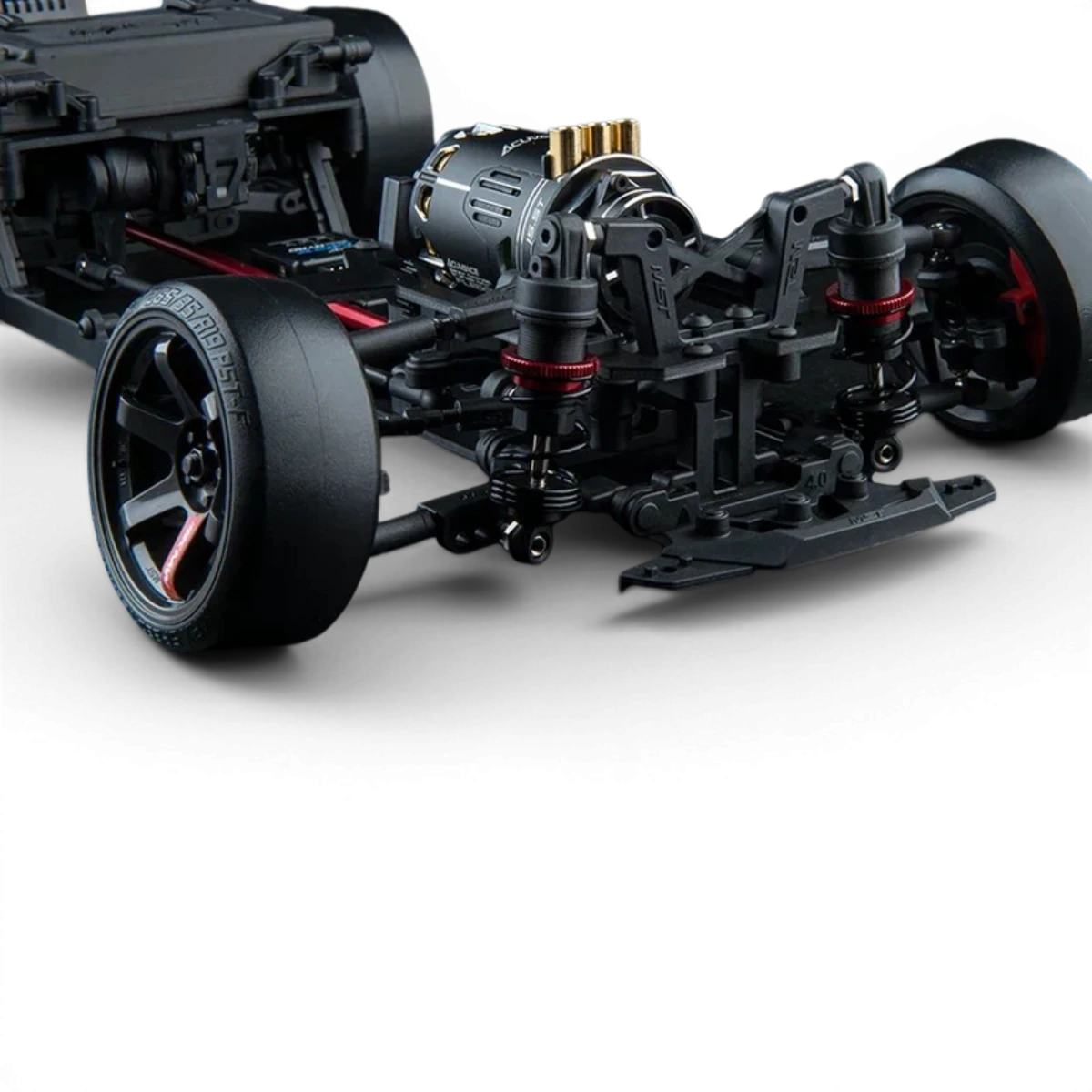 Châssis RC Drift MST FRX S Pro 1/10 de Max Speed Technology, vue de face montrant le design léger et robuste.