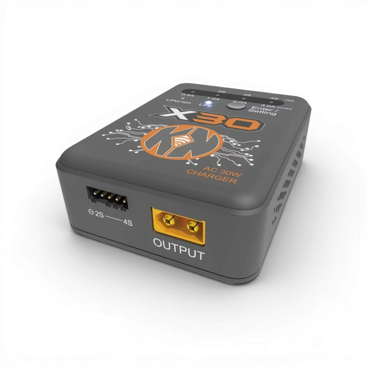 Chargeur multi-USB AC 30W Konect pour batteries Lipo, Li-ion et Life, avec plusieurs ports de charge.