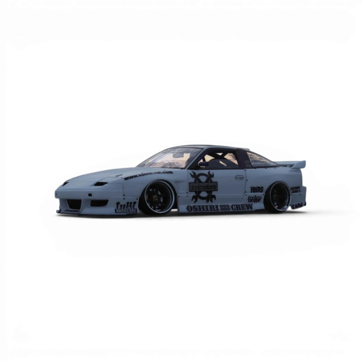 Carrosserie Nissan 180SX Spirit-Rei pour RC, marque Addiction RC Design, vue détaillée de la carrosserie en plastique.