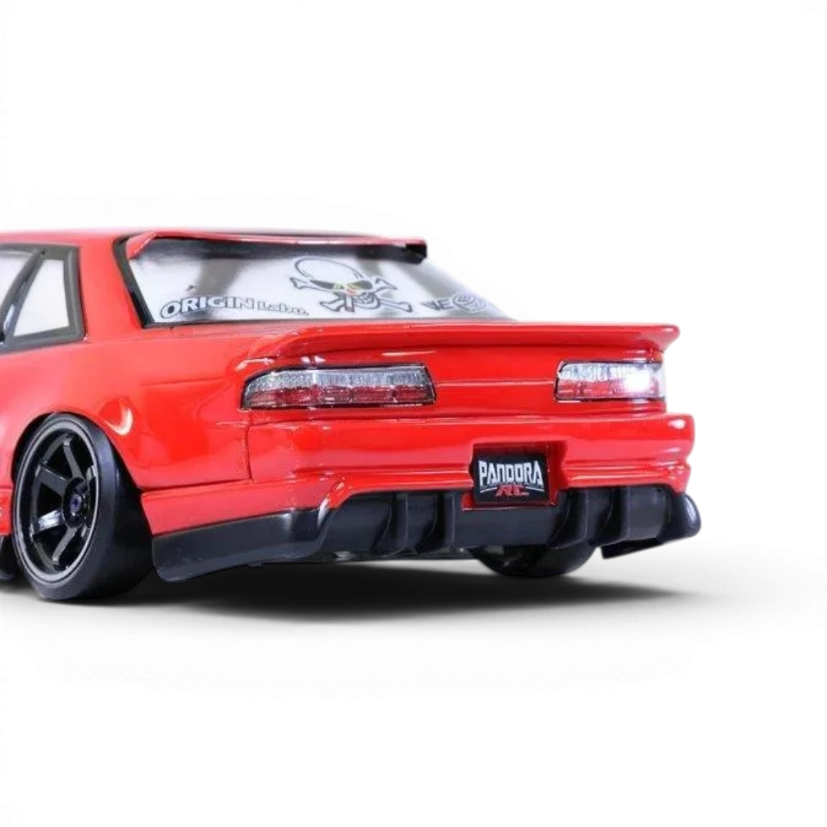 Voiture radiocommandée Nissan Silvia S13 Pandora RC ORIGIN Labo, carrosserie pour drift, vue de côté avec détails de la carrosserie.