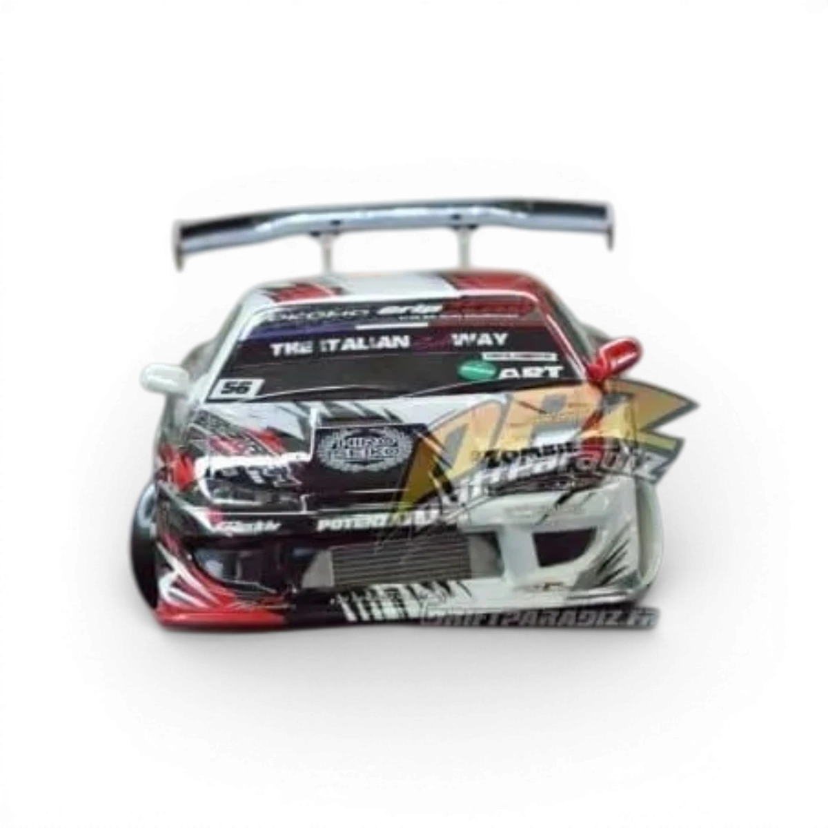 Carrosserie Nissan Silvia S15 GP Sports de Team Yokomo, finition détaillée pour voiture RC, couleur noire avec motifs graphiques.