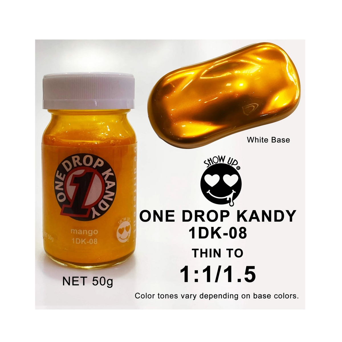 Vape ONE DROP KANDY Mangue de Show UP, flacon avec e-liquide saveur mangue, design coloré et étiquette claire.