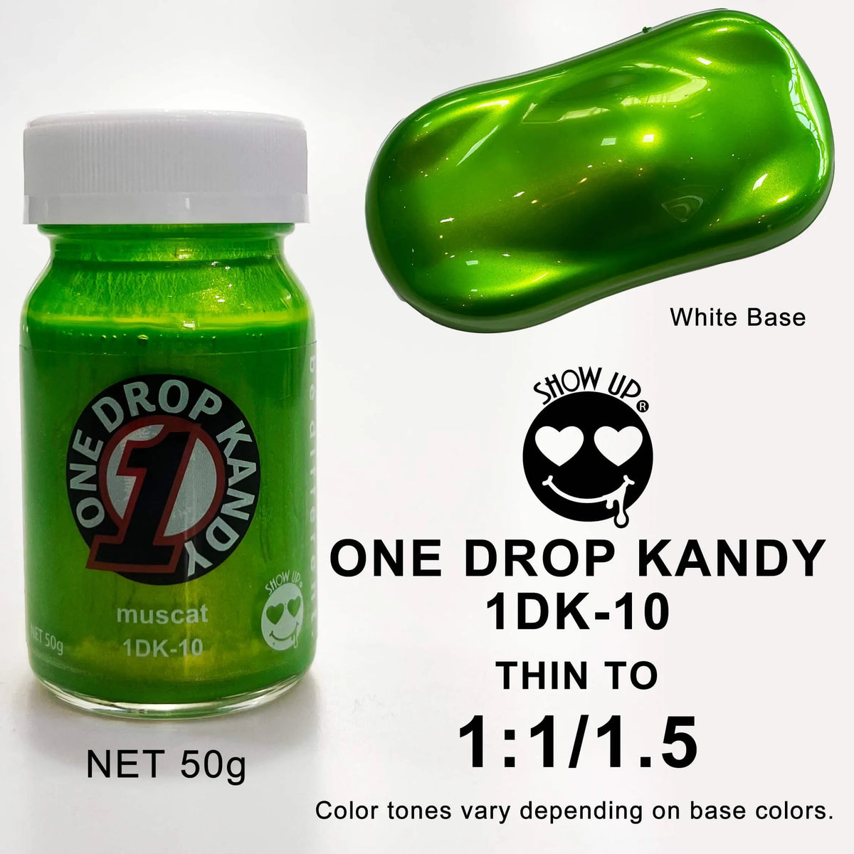 Gros plan d'une bouteille de ONE DROP KANDY Muscat par Show UP, étiquette colorée et design élégant.