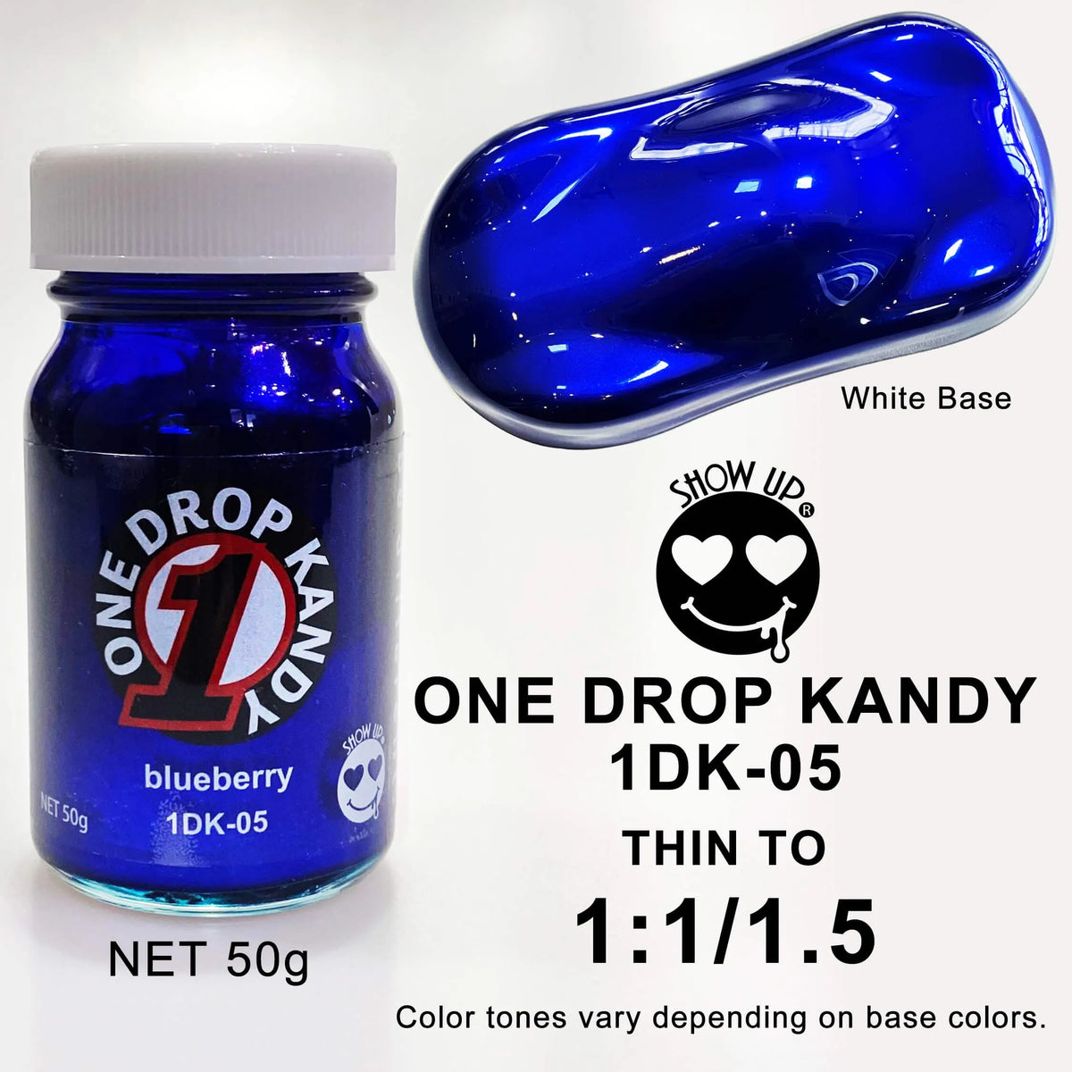 Gros plan d'une bouteille de e-liquide ONE DROP KANDY Myrtille de la marque Show UP, saveur myrtille et design coloré.