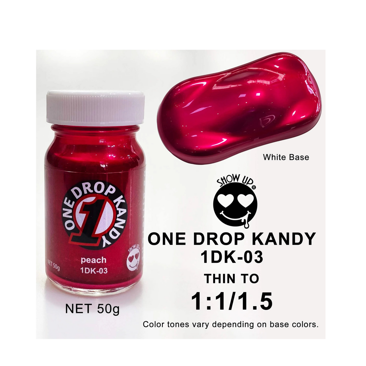Gros plan du liquide Vape ONE DROP KANDY Pêche par Show UP dans un flacon de 30 ml avec étiquette colorée