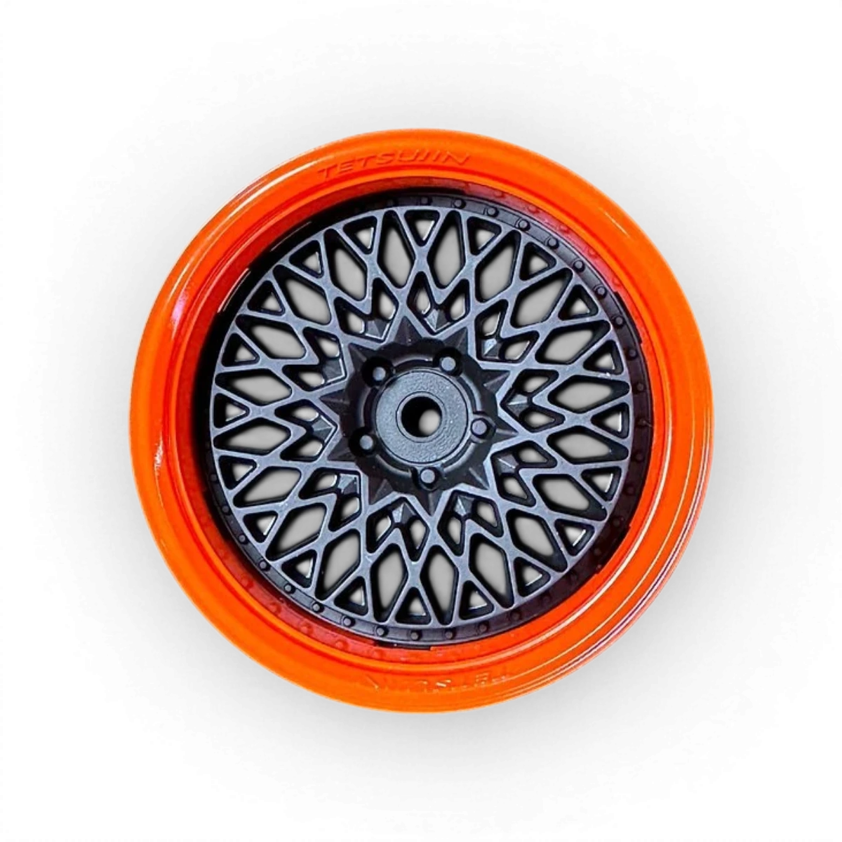 Deux roues Tetsujin avec cerclages orange brillant et centres noirs brillants, composées de cercle et disque granseeker.