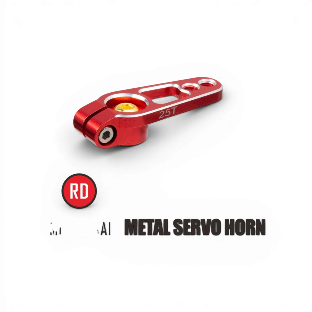 Palonnier servo en aluminium 25T de la marque OMG, pour modèles électroniques et de drift, visible en détail.