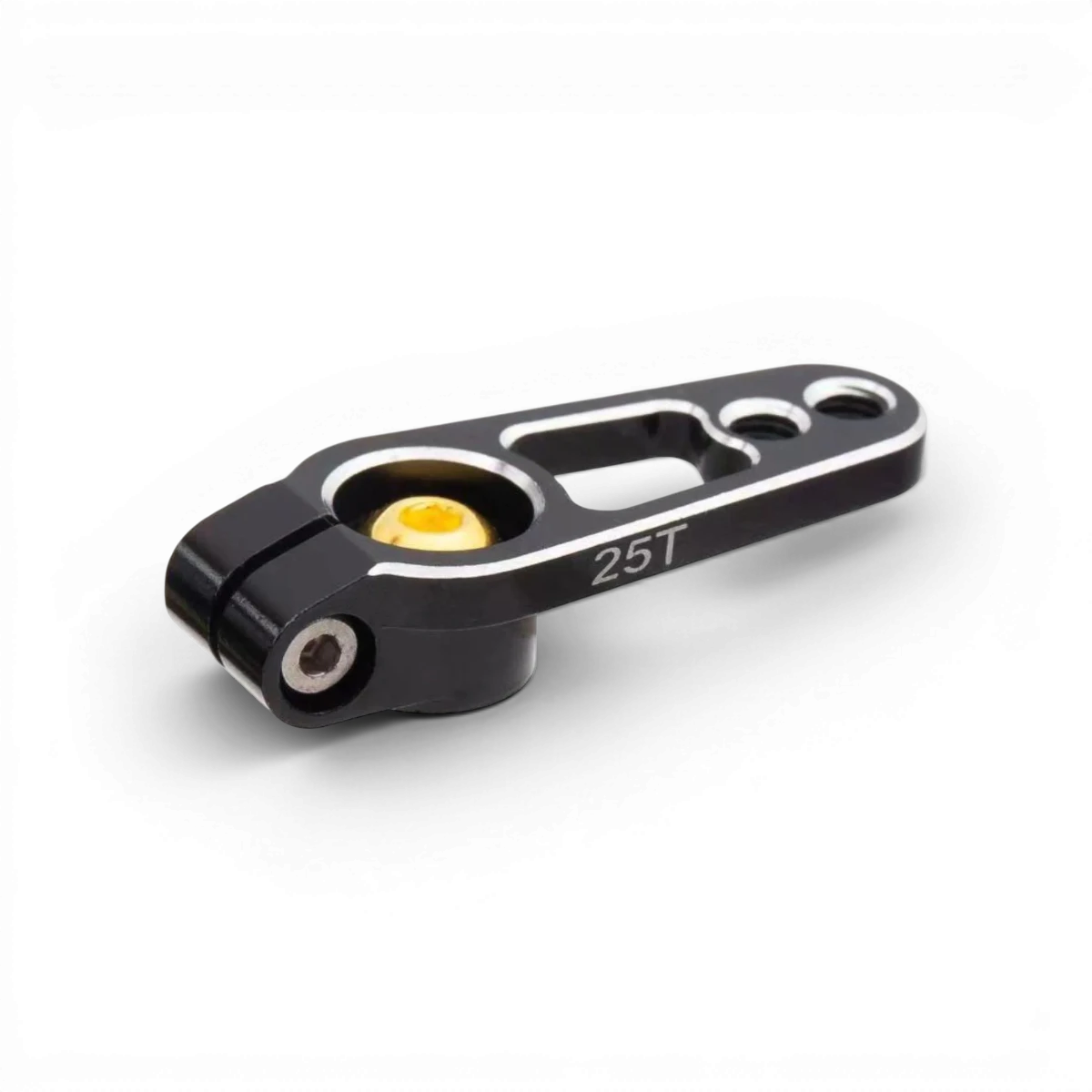 Palonnier servo en aluminium 25T de la marque OMG, pièce électronique pour radiocommande, visible avec détails de fixation.