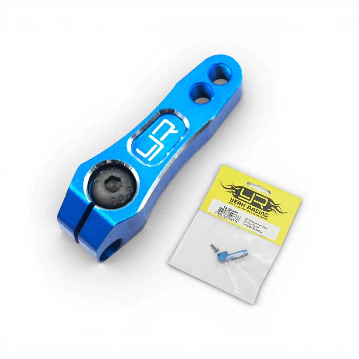 Palonnier servo en aluminium bleu pour voiture RC 25T de Yeah Racing, montrant la pièce robuste et colorée.