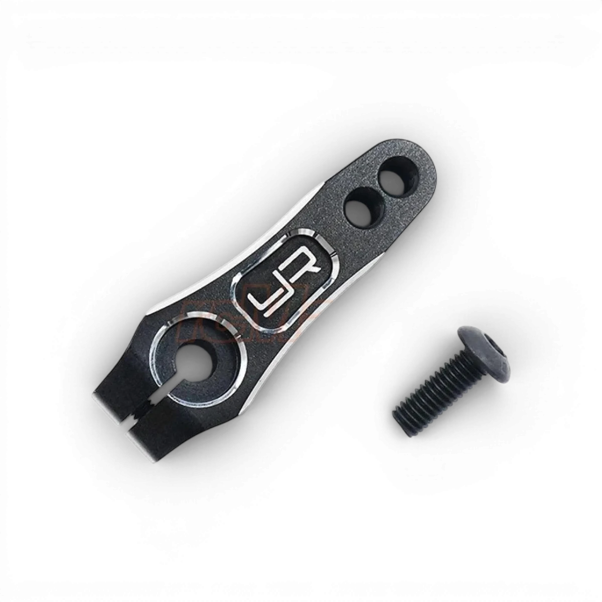 Palonnier servo en aluminium noir 25T de Yeah Racing, montre la pièce robuste et précise pour maquettes RC.