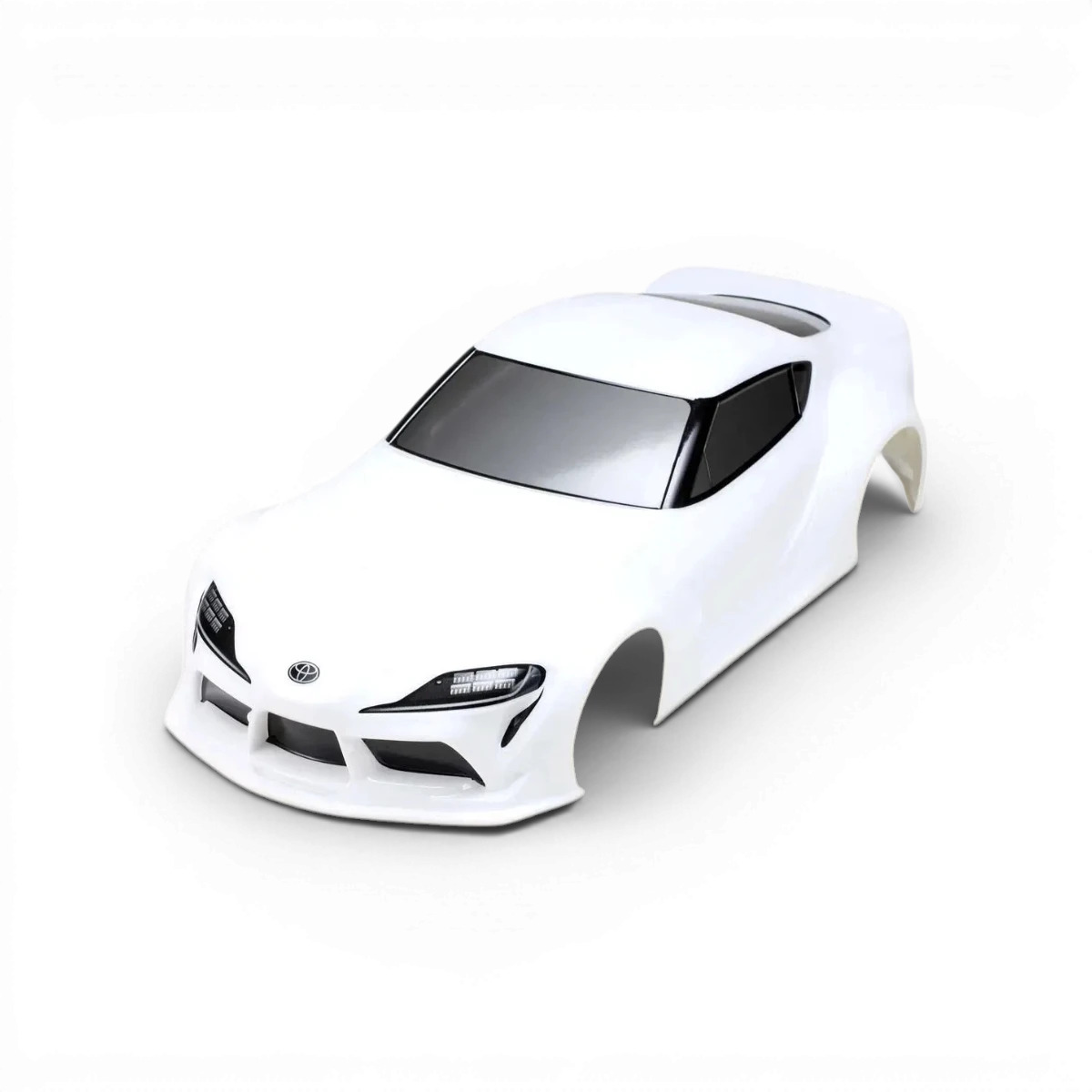 Carrosserie Toyota Supra A90 blanche de Team Yokomo, modèle Pandem, pour voiture RC, visible de face avec détails peints.
