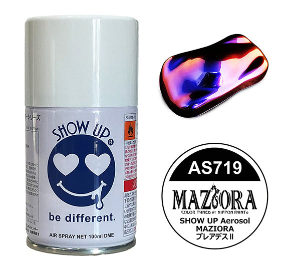 Peinture aérosol polarisée Maziora Plreades II Show UP, 100ml, effet coloré et brillant sur une surface.