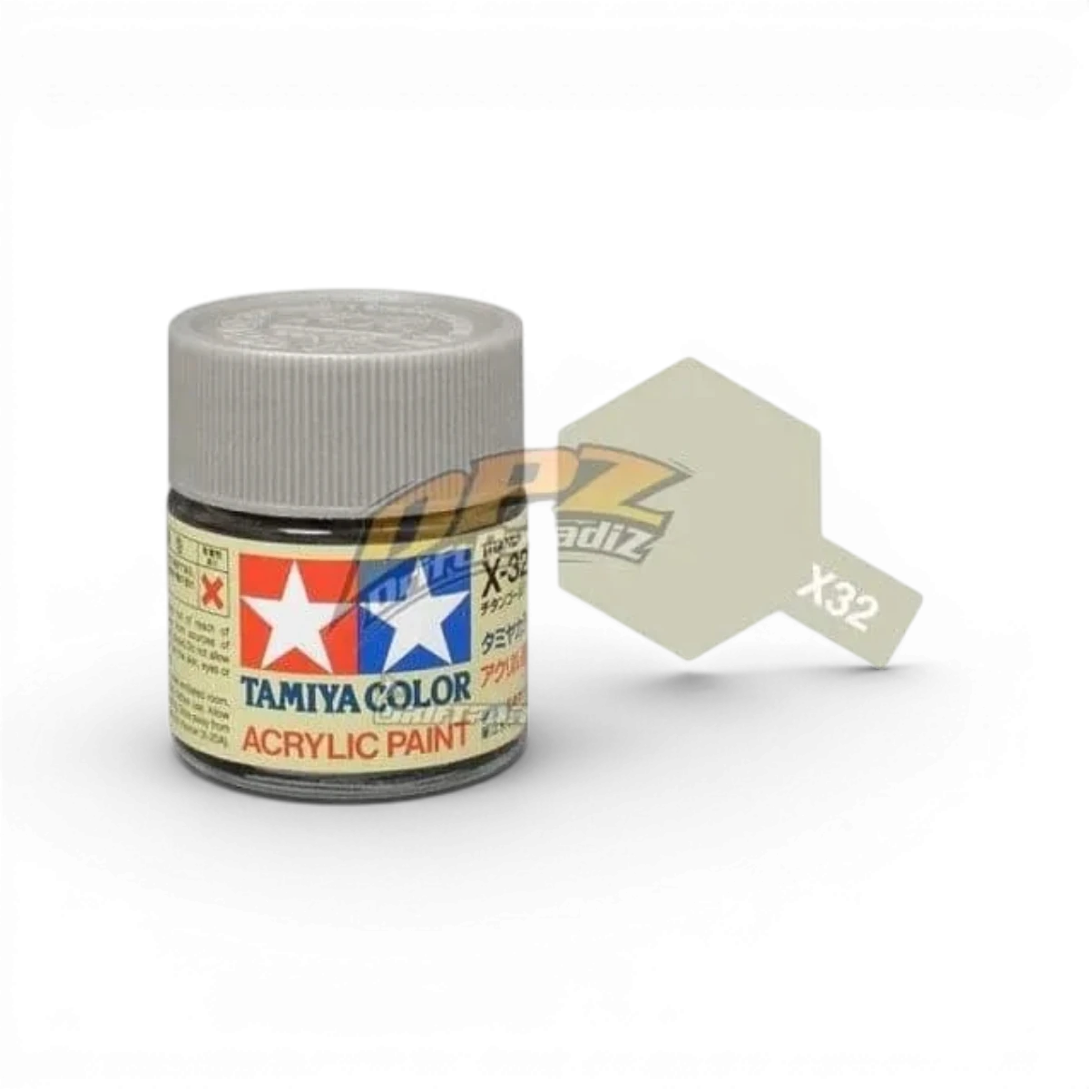 Peinture Tamiya Argent Titanium Brillant X32 pour modèles, visible dans un flacon avec étiquette colorée.