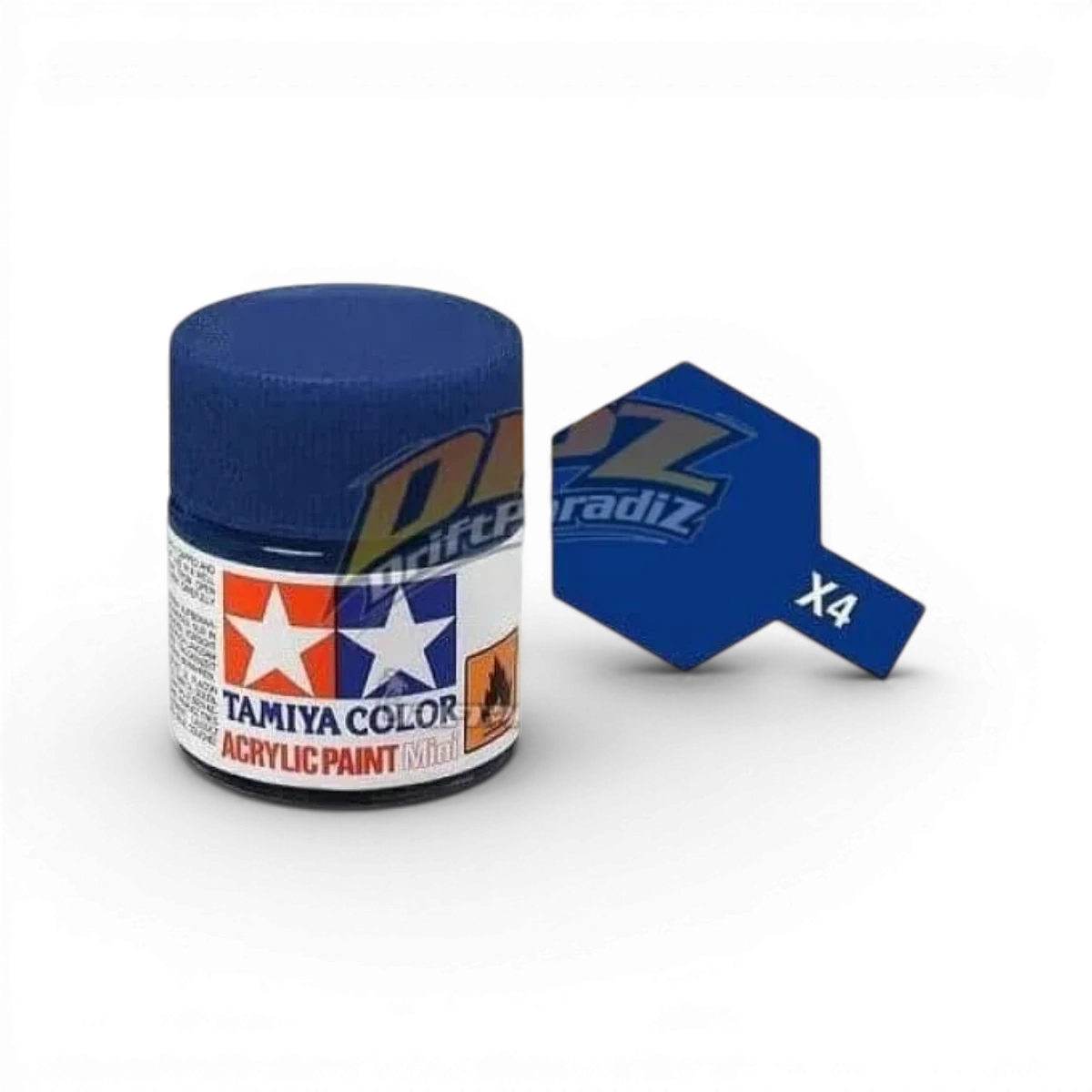 Peinture bleu brillant Tamiya X4 pour modèles et maquettes, liquide et lisse, dans un flacon de peinture.
