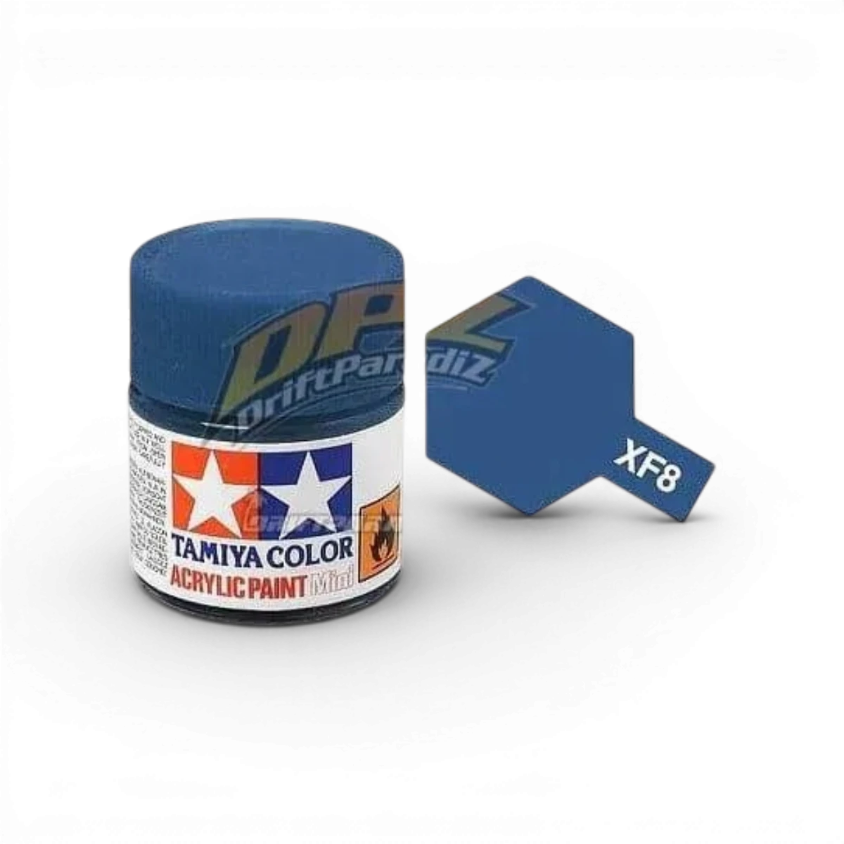 Peinture bleue mate XF8 de Tamiya, tube de peinture pour modélisme, vue de la peinture en tube avec étiquette visible
