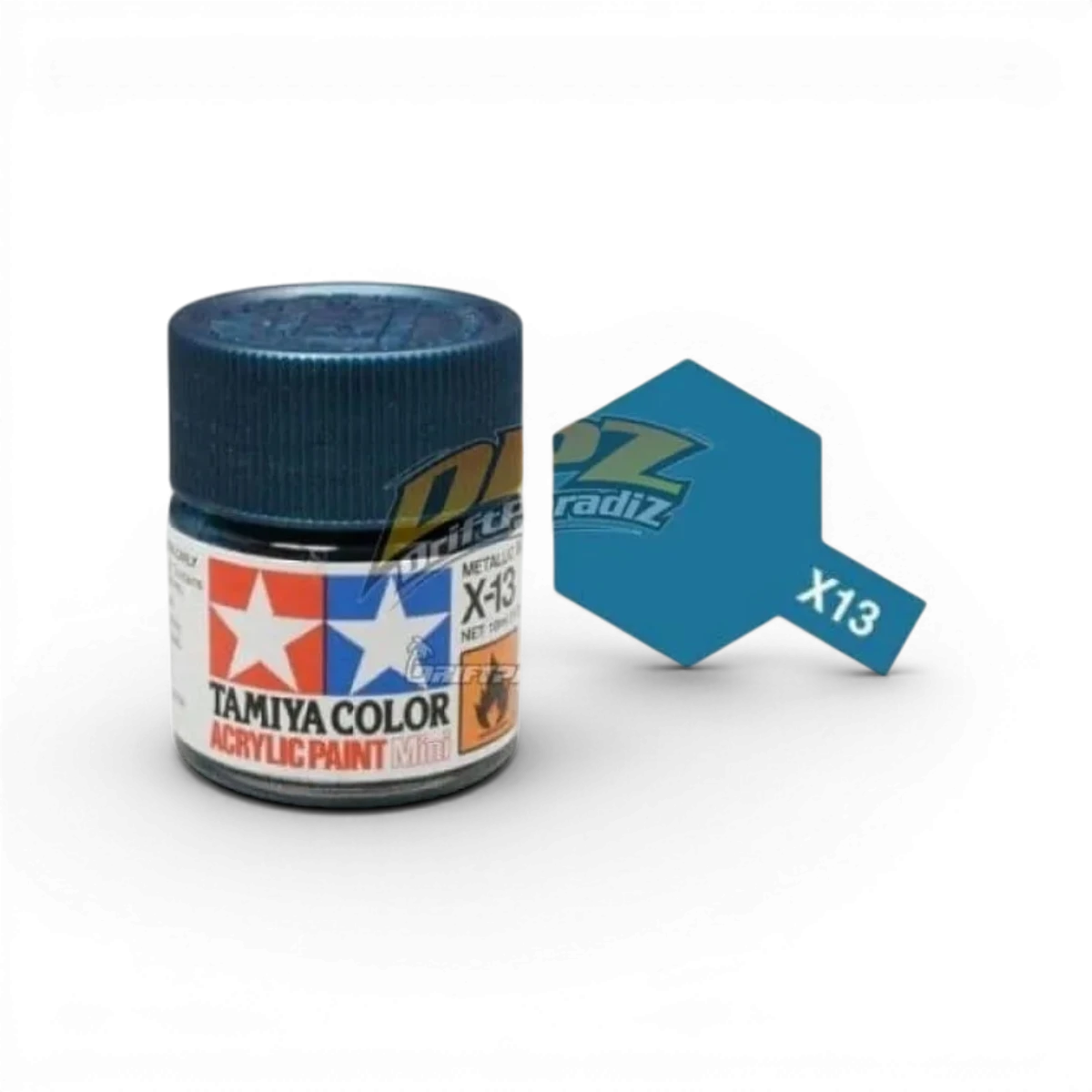 Peinture bleue métal brillant Tamiya X13, en pot, pour modélisme et carrosserie, avec fini métallique éclatant.