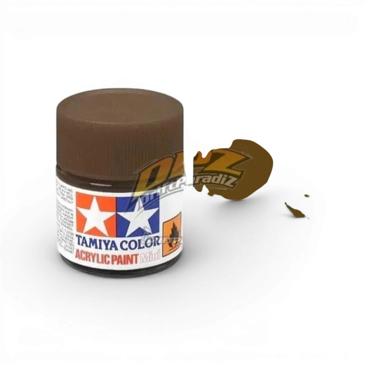 Peinture Tamiya Brun Mat XF10 pour modèles, en pot, avec étiquette colorée et bouchon noir.