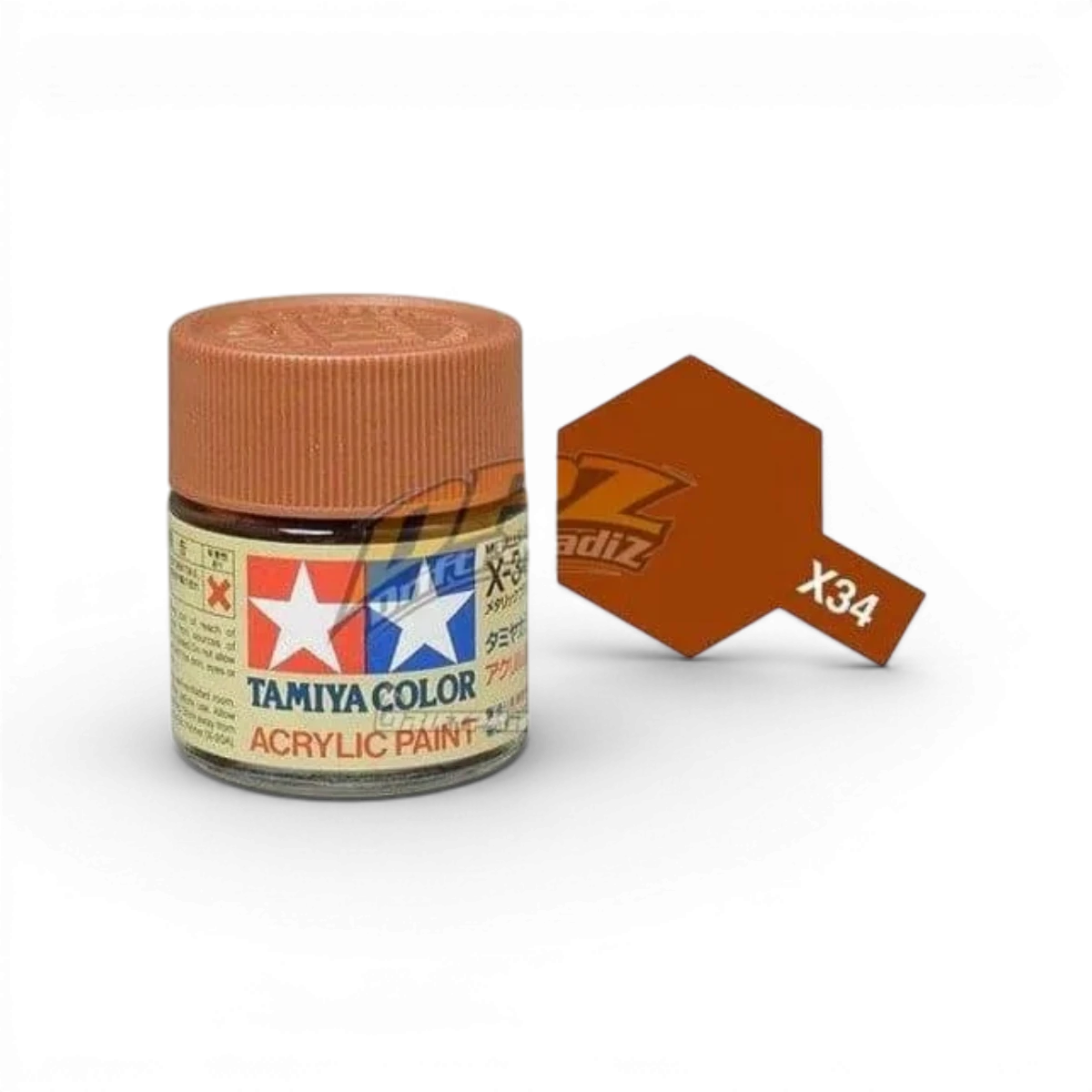 Peinture brun métal brillant Tamiya X34 dans un flacon de peinture pour modèles et figurines.