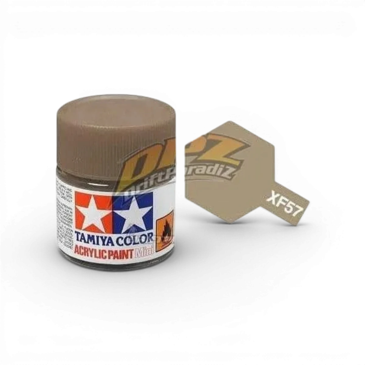 Peinture Chamois Mat XF57 de Tamiya, boîte de peinture pour modélisme avec finition mate, vue de la bouteille de peinture.