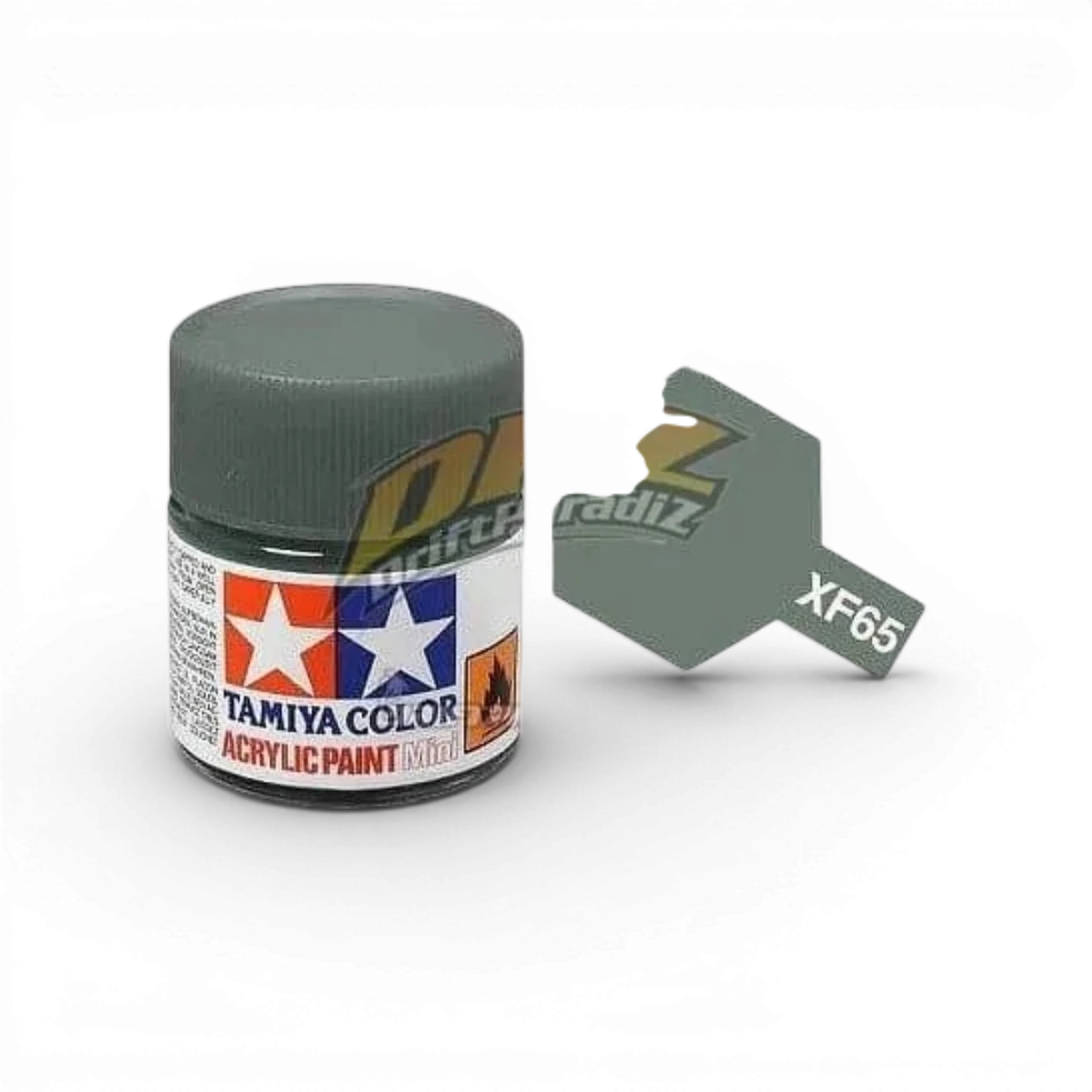 Peinture gris campagne mat XF65 de Tamiya, flacon de peinture pour modélisme, vue de la bouteille avec étiquette visible