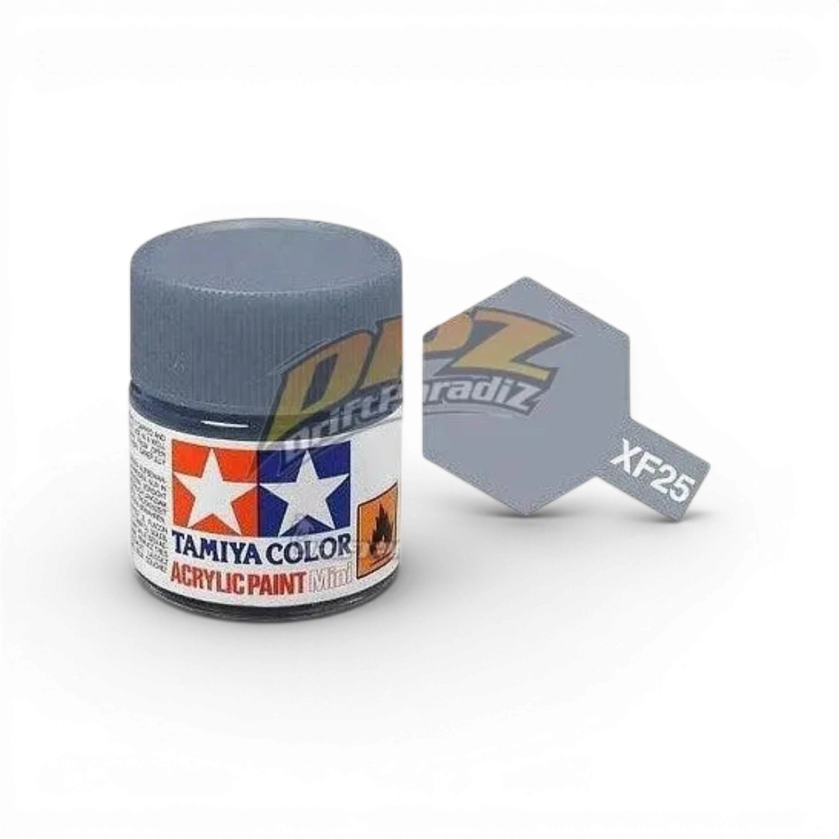 Peinture Tamiya gris mer clair mat XF25, peinture pour modèles réduits, vue de la bouteille de peinture.
