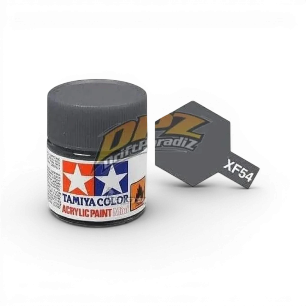 Peinture gris mer foncé mat XF54 de Tamiya, contenant de la peinture pour modèles réduits, vue en gros plan.