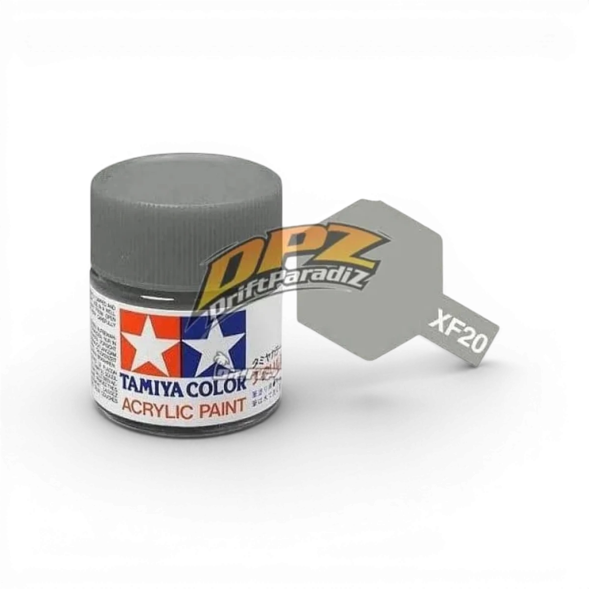 Peinture Tamiya Gris Moyen Mat XF20 pour modélisme, flacon de peinture gris clair avec fini mat.