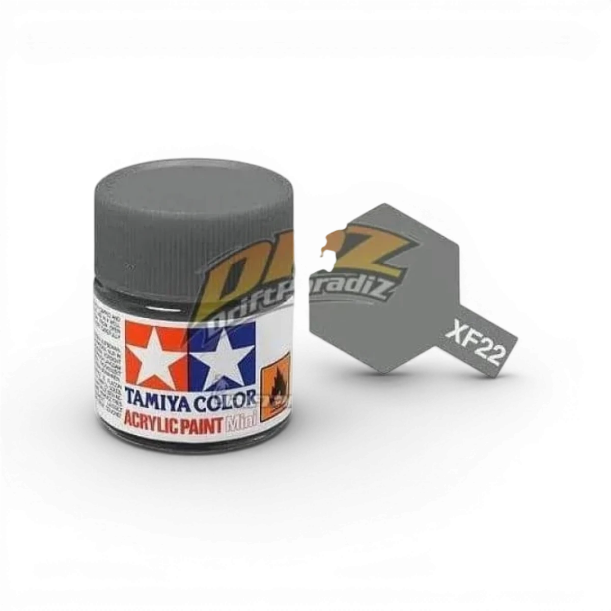 Peinture gris RLM mat XF22 de Tamiya, contenant une bouteille de peinture pour modèles réduits, vue de face.
