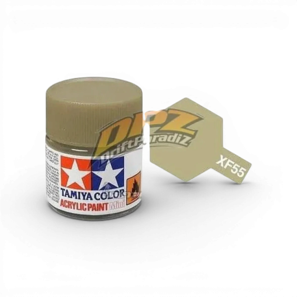 Peinture mate Havane XF55 de Tamiya, contenant une bouteille de peinture pour modèles réduits, vue en gros plan.
